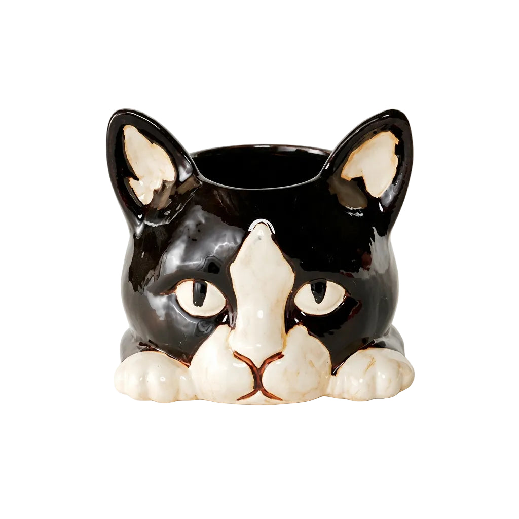 Cat Planter | Black & Cream Ceramic Plant Pot | 18cm