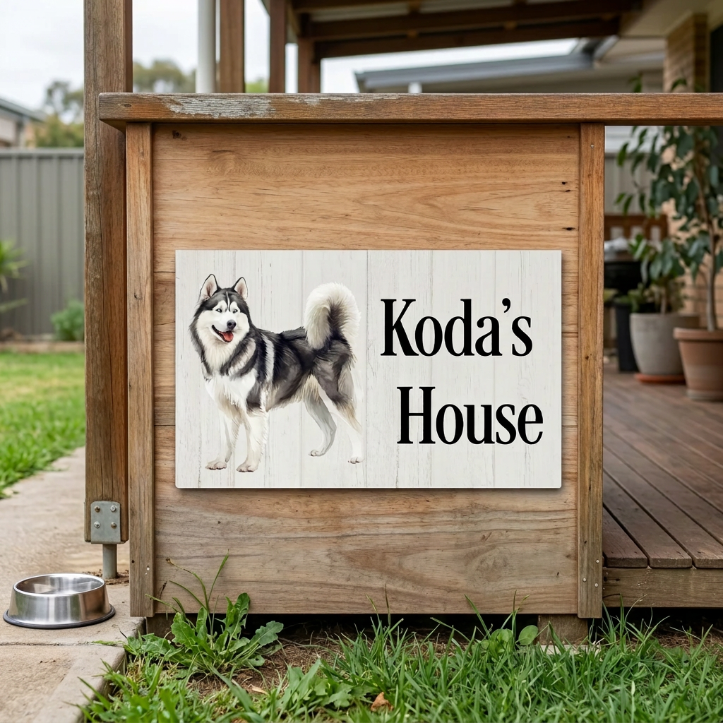 Alaskan Malamute Koda’s House plaque on a kennel