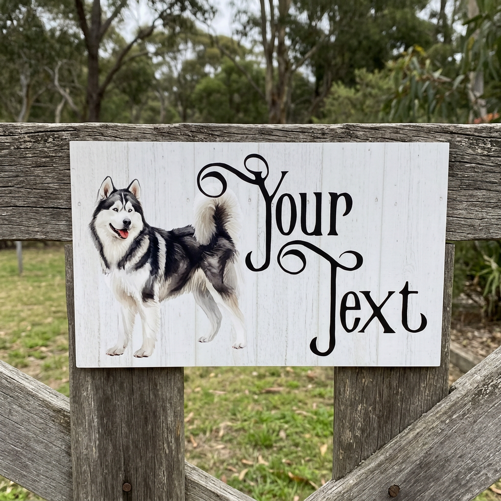Alaskan Malamute Your Text plaque on a garden gate