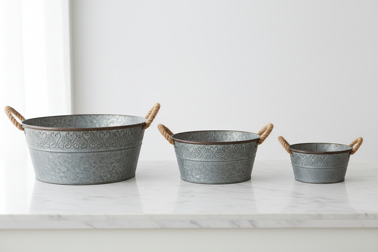 All 3 sizes on marble — Vintage Galvanised Planter