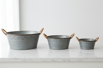 All 3 sizes on marble — Vintage Galvanised Planter