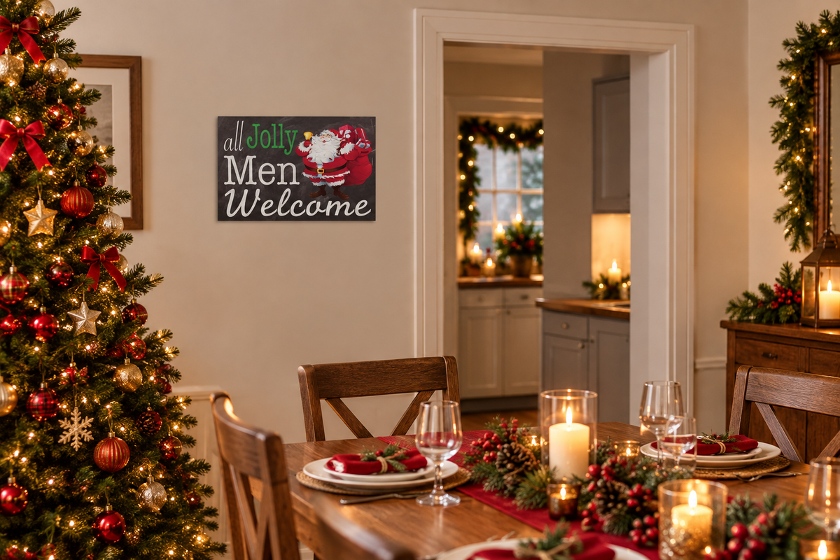 All Jolly Men Welcome Santa sign in a Christmas dining room
