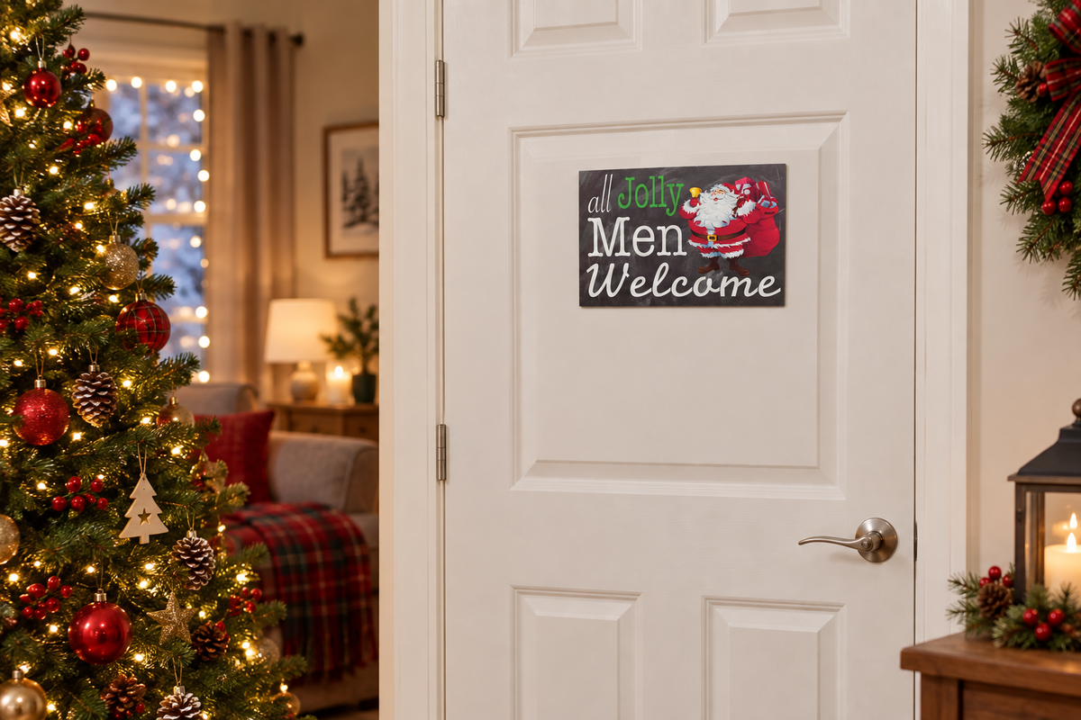 All Jolly Men Welcome Santa sign on a living-room door
