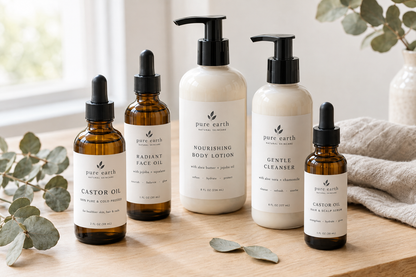 Amber dropper and lotion pump bottles with custom labels, styled skincare flat-lay