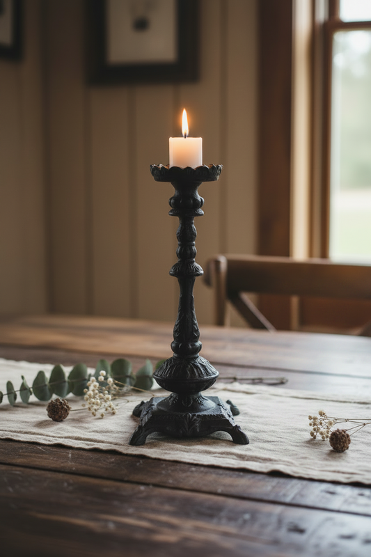 Antique Black Cast Iron Candle Holder Lifestyle
