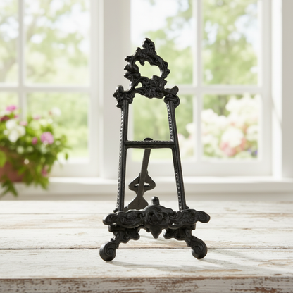 Antique Black stand — farmhouse garden background