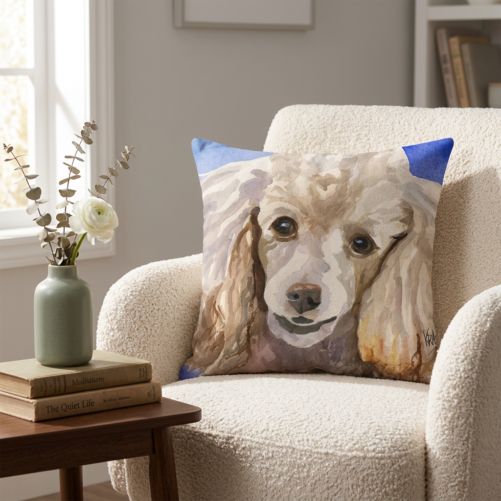 Apricot poodle cushion on a reading chair