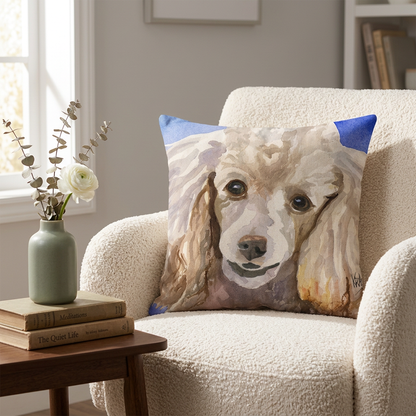 Apricot poodle cushion on a reading chair