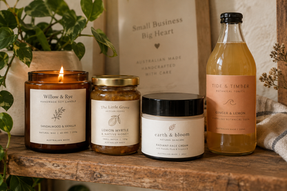 Assorted candle, food, cosmetic, and beverage jars each with a different custom label, rustic shelf styling