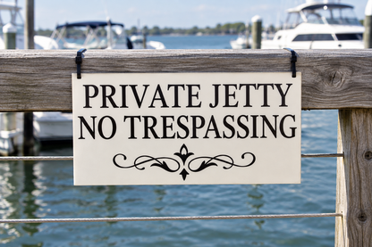 Attached to a dock railing, boats in background