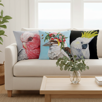 Australian native birds cushion covers — sofa lifestyle