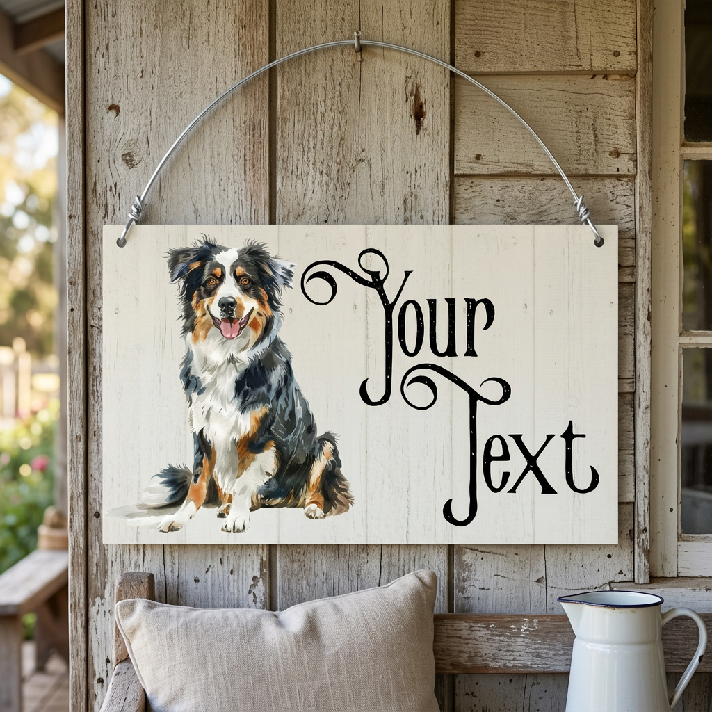 Australian Shepherd Your Text hanging sign on a country verandah