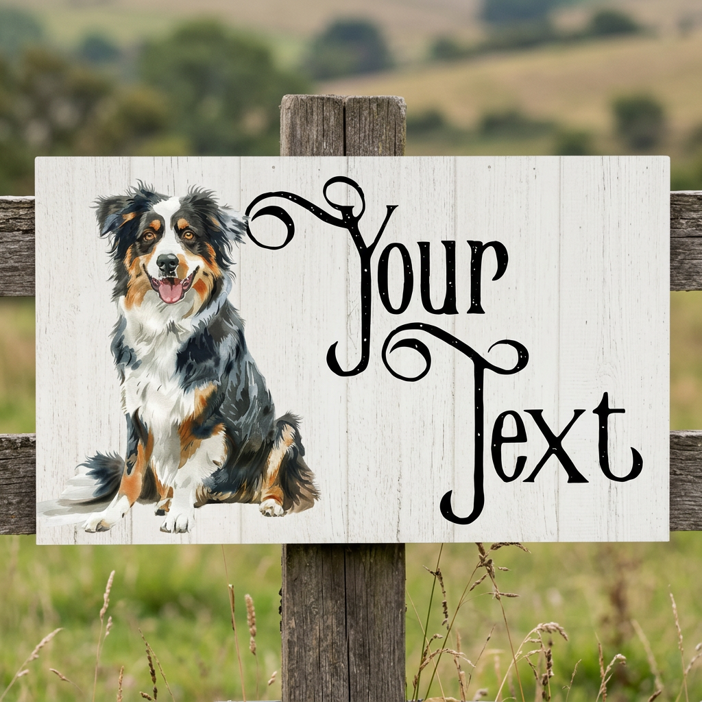 Australian Shepherd Your Text plaque on a country fence