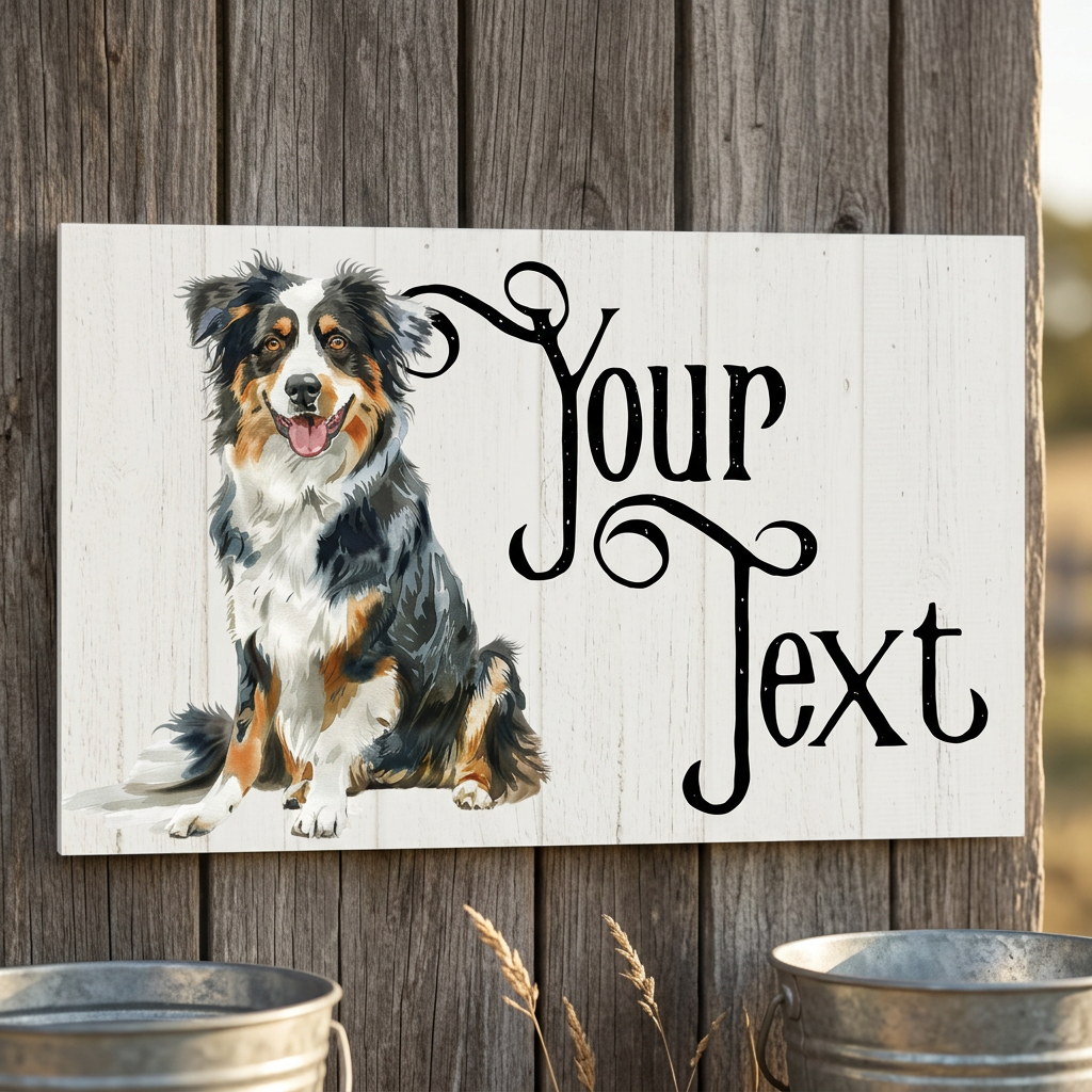 Australian Shepherd Your Text plaque on a farmhouse barn wall