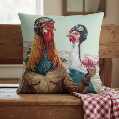 Aviator chickens cushion in kitchen nook
