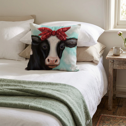 Bandana cow cushion in a farmhouse bedroom
