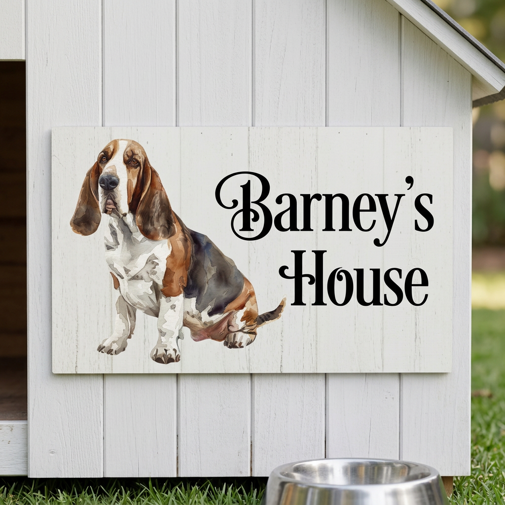 Basset Hound Barney’s House plaque on a kennel