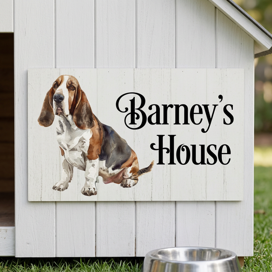 Basset Hound Barney’s House plaque on a kennel
