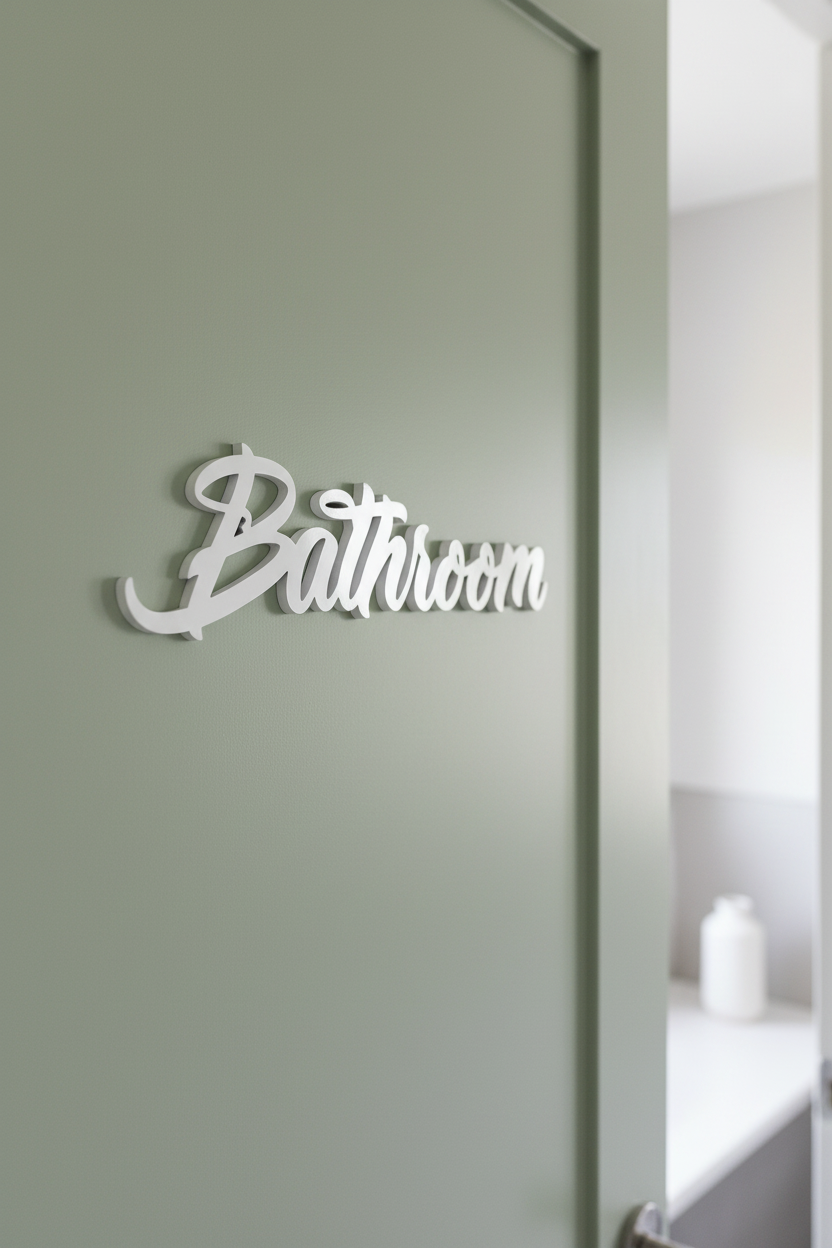 Bathroom Sign White Sage Green Coastal Door