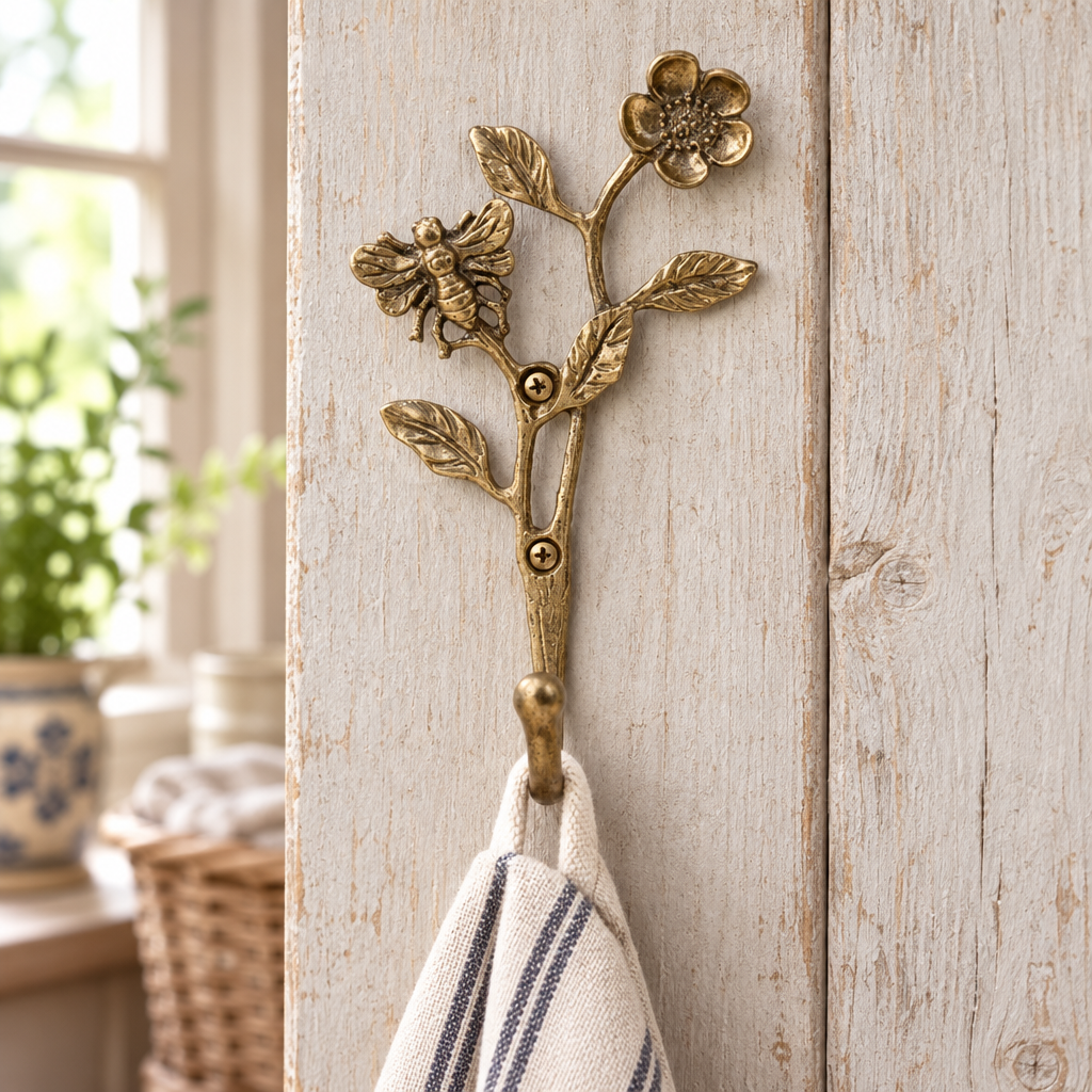 Bee and flower hook in a rustic cottage utility room