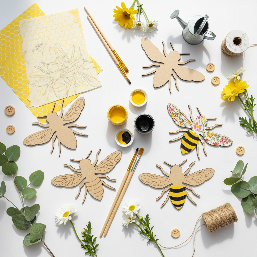 Bee MDF shapes on a craft table