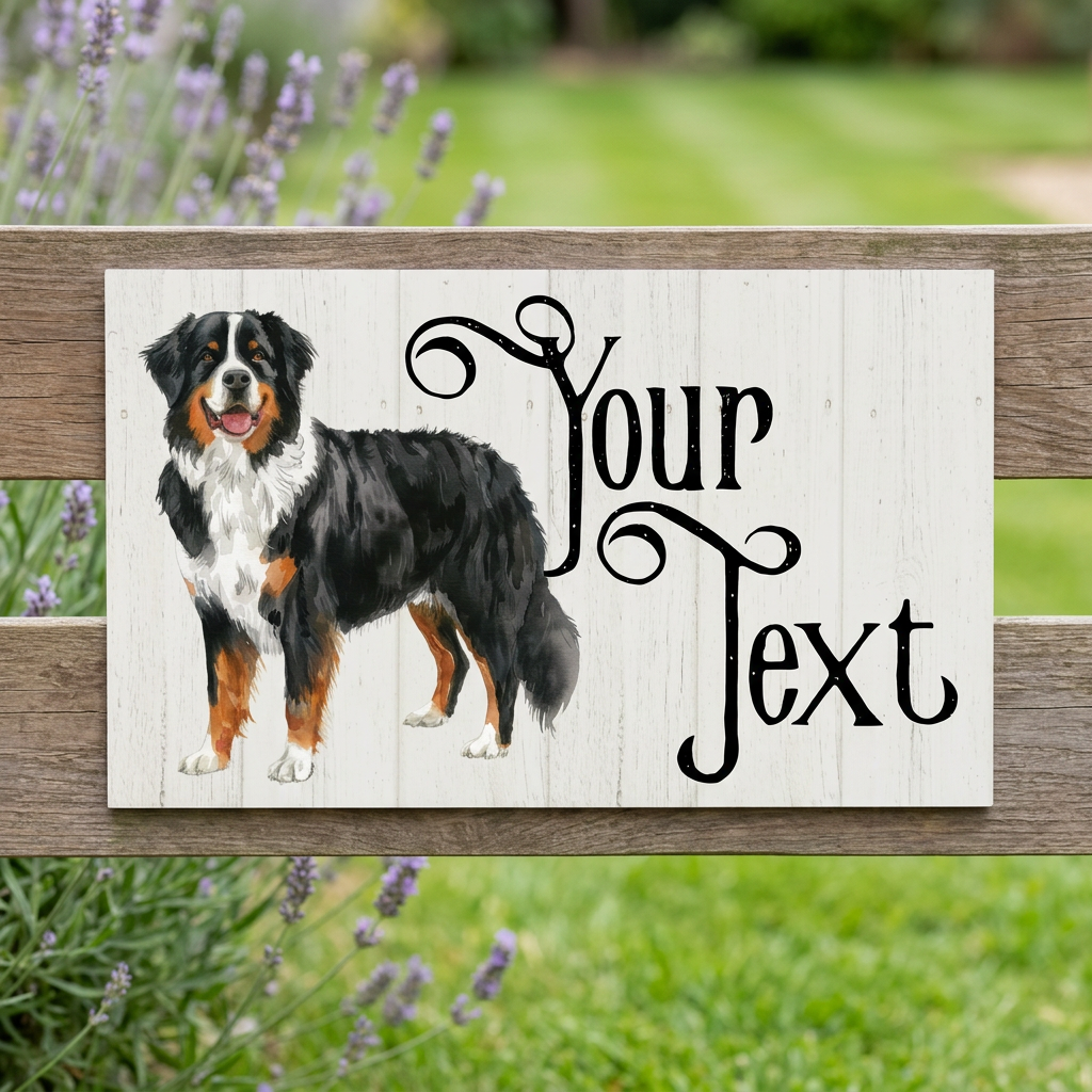 Bernese Mountain Dog Your Text plaque on a garden fence