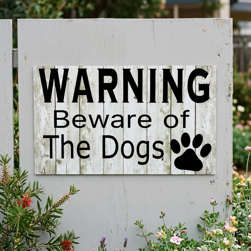 Beware of Dogs sign on a garden fence