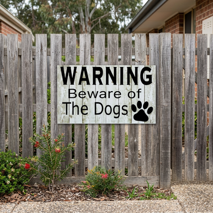 Beware of Dogs sign on a timber side gate