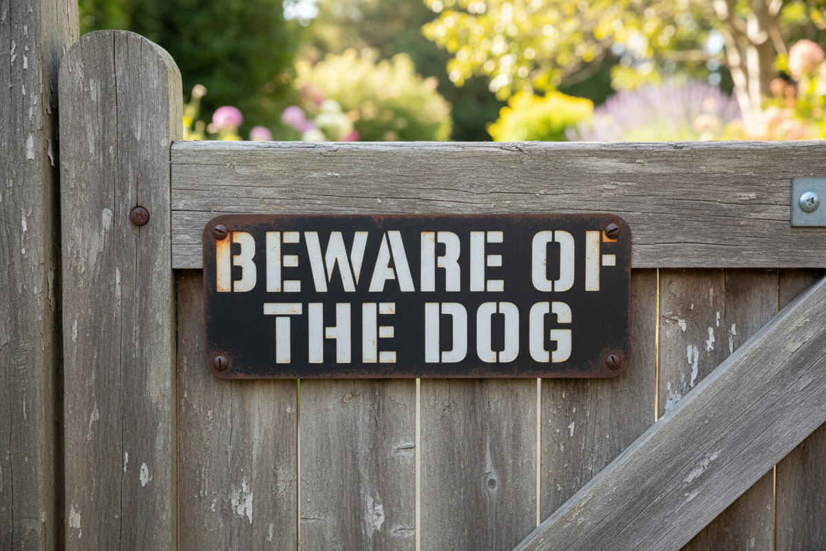 Beware Of The Dog rusty Cor10 sign on timber gate