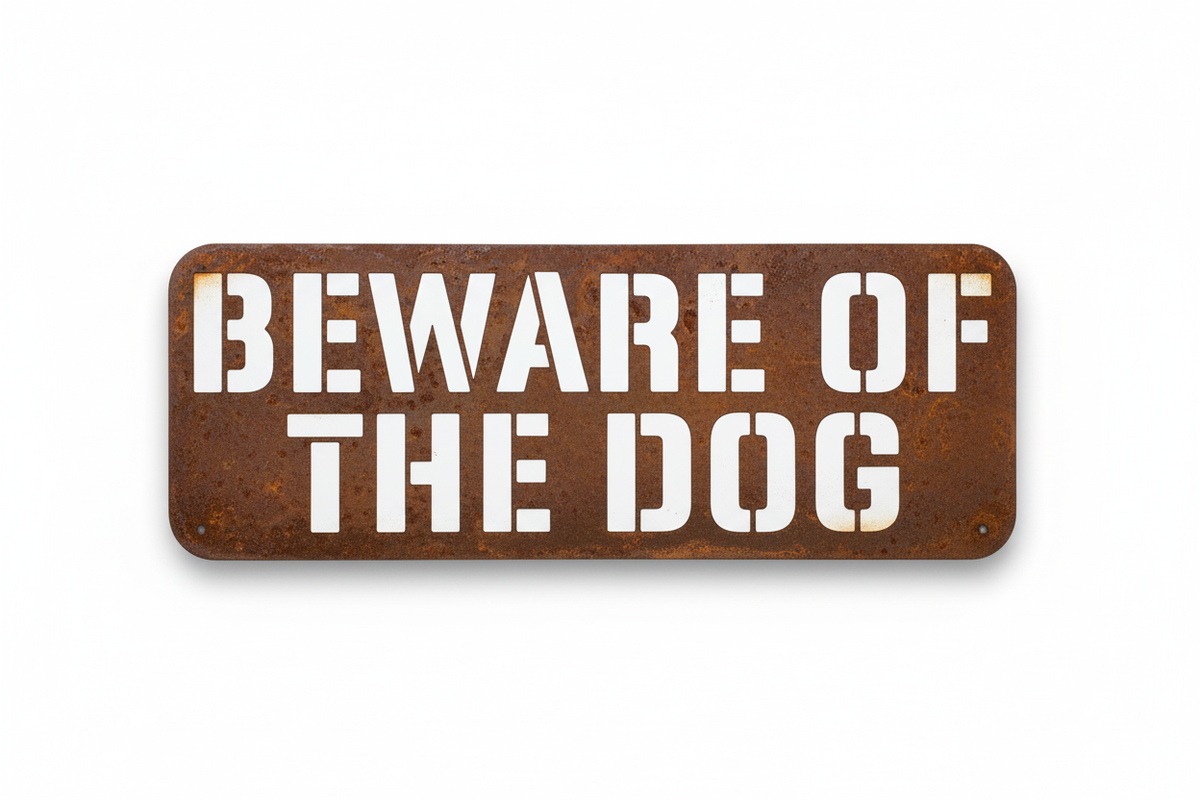 Beware Of The Dog rusty Cor10 sign on white background