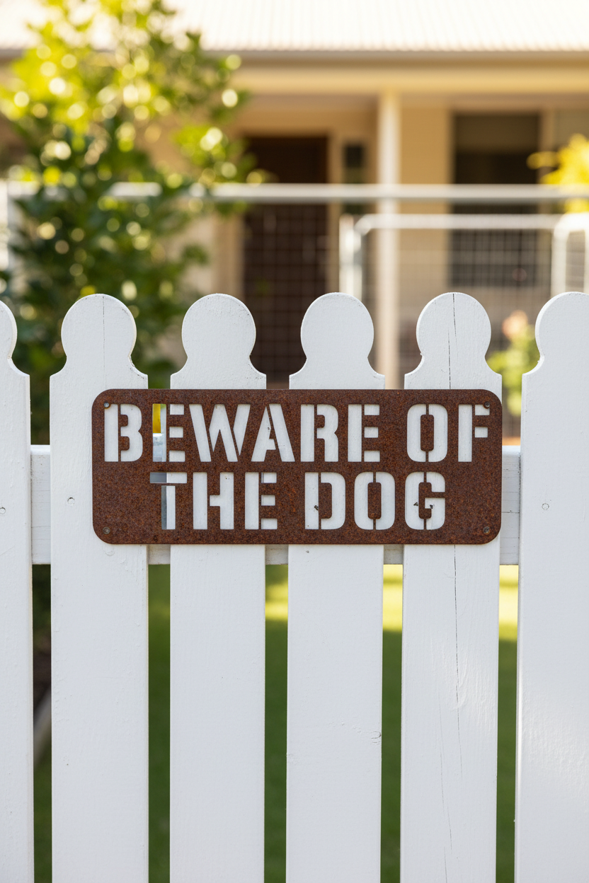 Beware Of The Dog rusty Cor10 sign on white picket fence