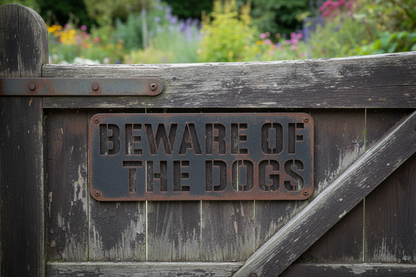 Beware Of The Dogs rusty Cor10 sign on timber driveway gate