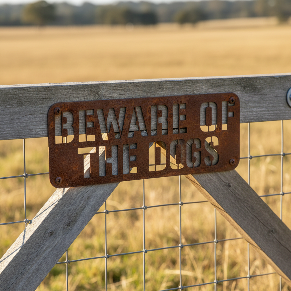 Beware of the Dogs rusty cut-out sign on a timber farm gate