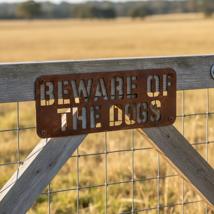 Beware of the Dogs rusty cut-out sign on a timber farm gate