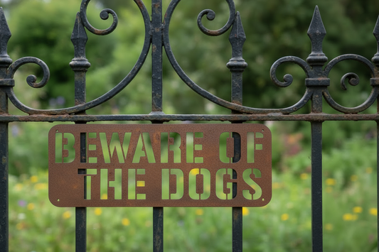 Beware of the Dogs rusty cut-out sign on a wrought-iron garden gate