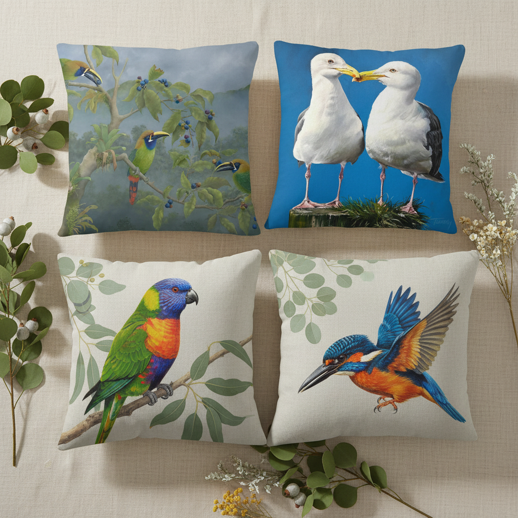 Bird Cushions Flat Lay