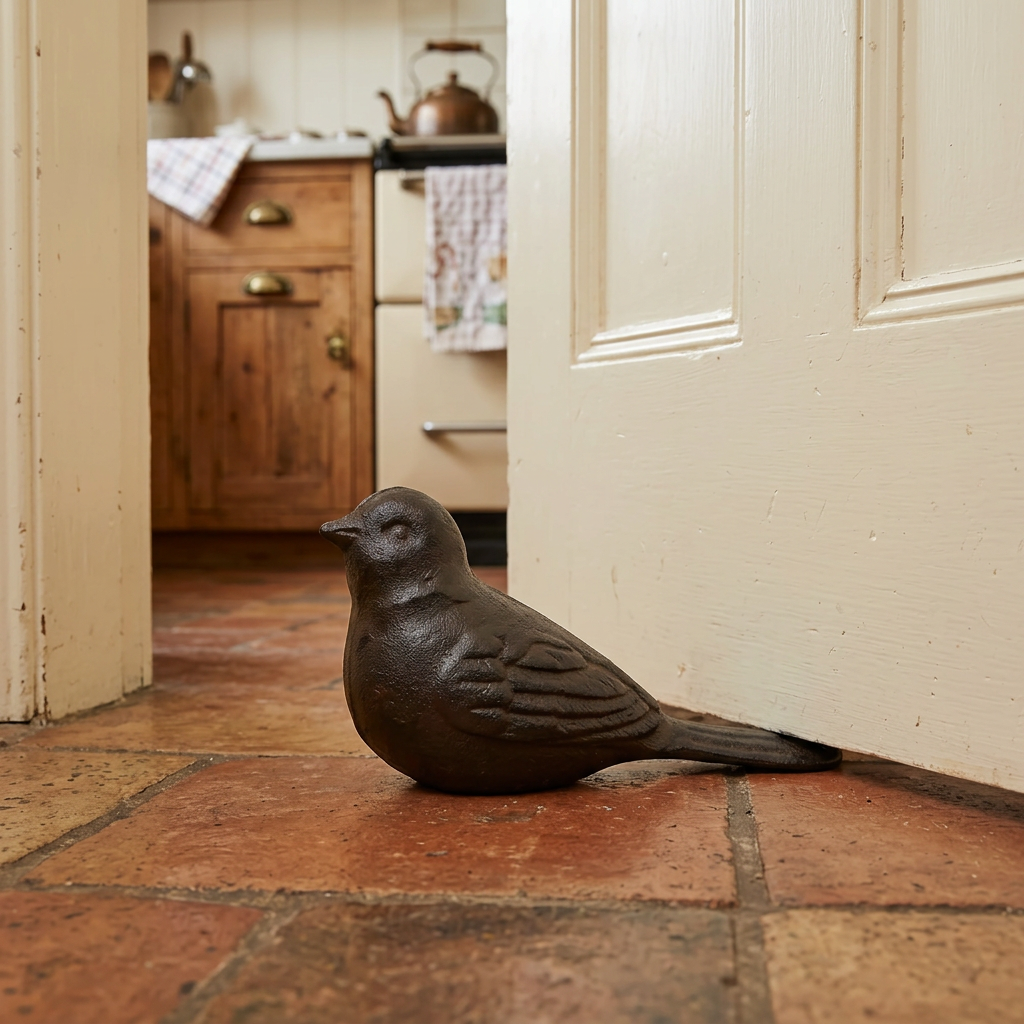 Bird doorstop in a cottage kitchen doorway