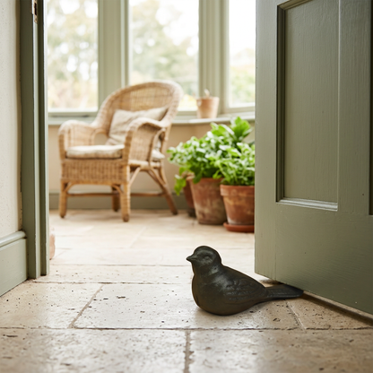 Bird doorstop in a country cottage sunroom doorway