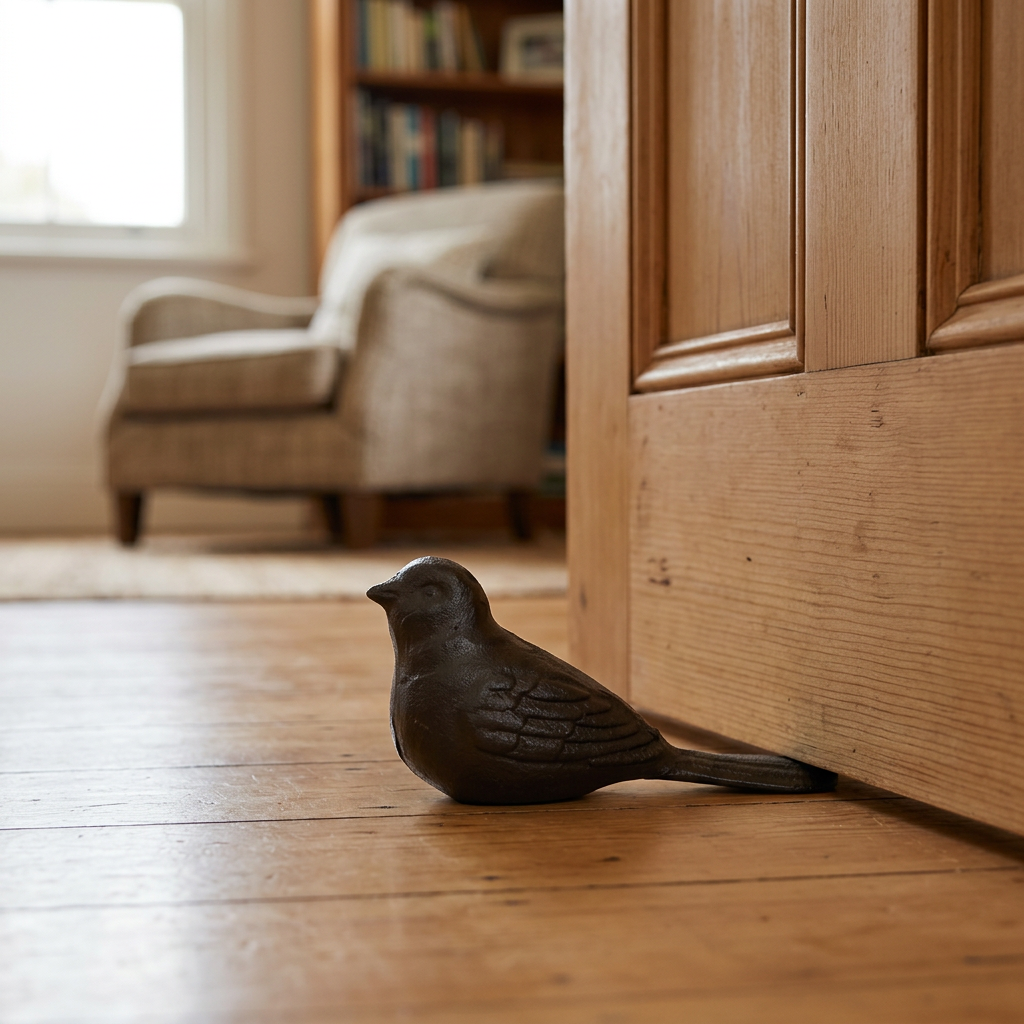 Bird doorstop in a country-home reading-room doorway