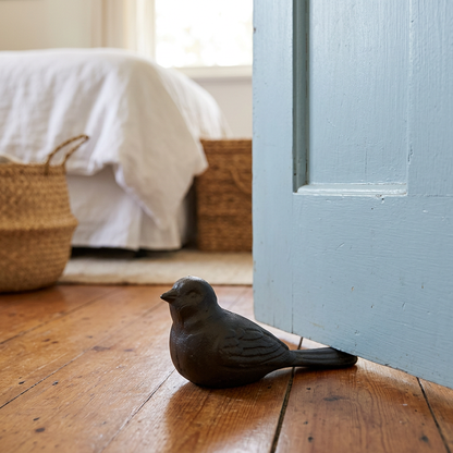 Bird doorstop in a farmhouse bedroom doorway