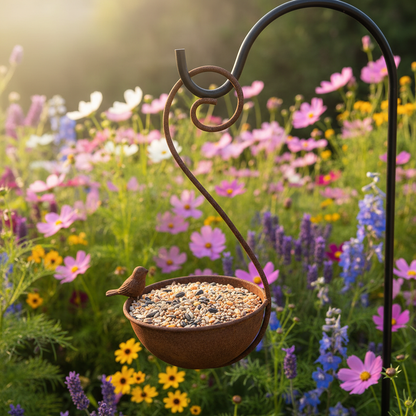 Bird feeder on a shepherd hook in a cottage garden