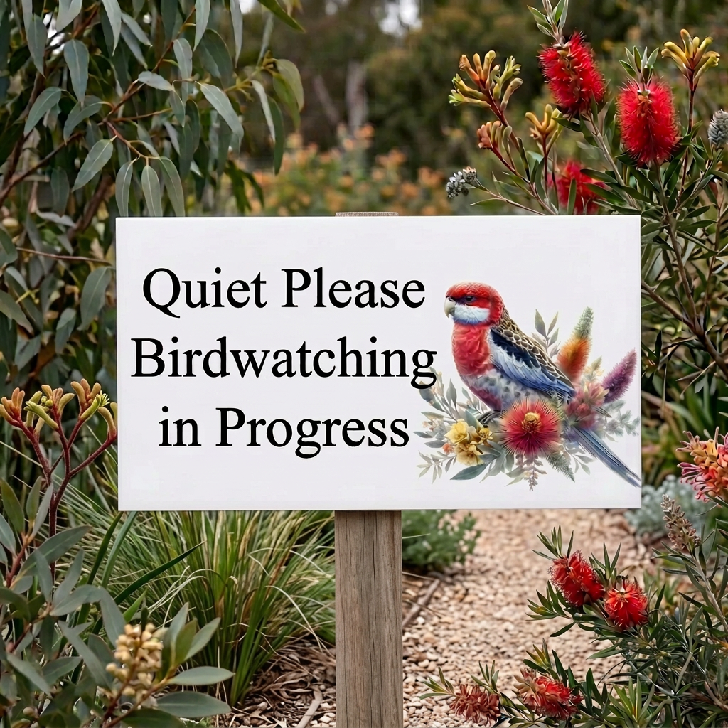 Birdwatching sign on a stake in a native garden