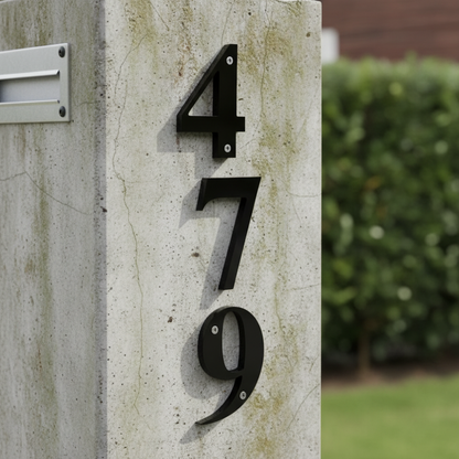 Black acrylic house numbers on concrete letterbox