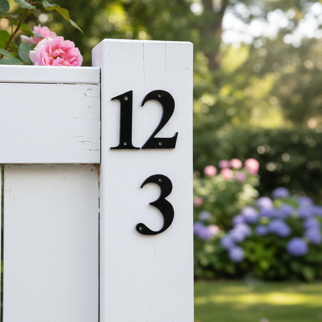 Black acrylic house numbers on timber fence