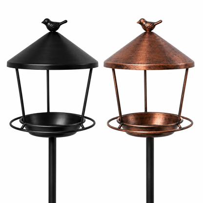 Black and Rustic standing bird feeders side-by-side close-up on white