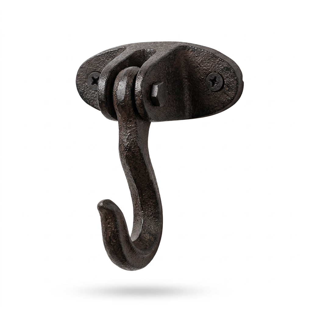 Black/brown cast iron hook on a plain white background