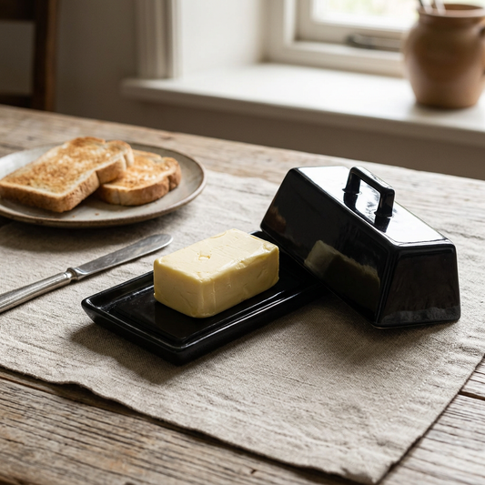Black butter dish with the lid beside the tray