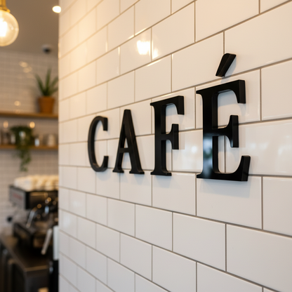 Black CAFE letters on subway tiles
