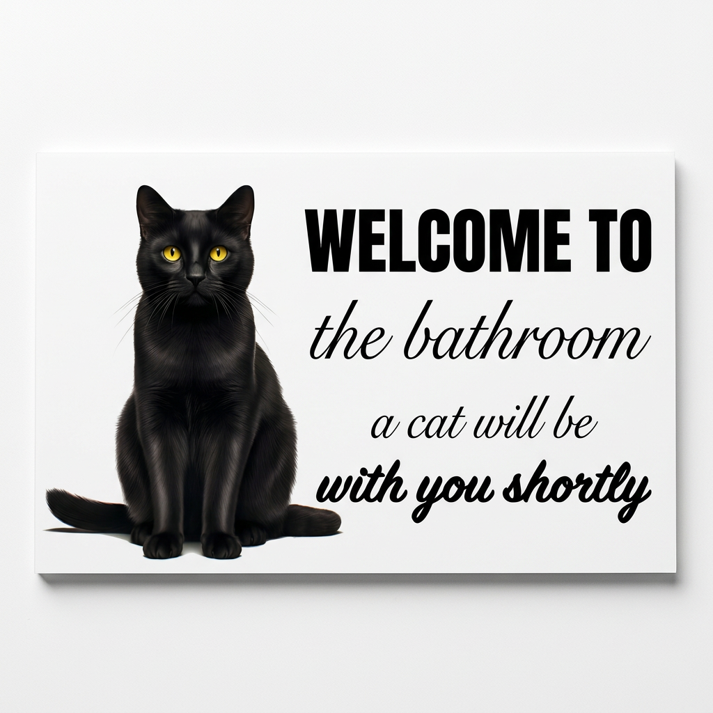 Black cat bathroom sign with plain white background