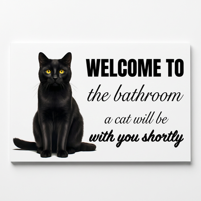 Black cat bathroom sign with plain white background